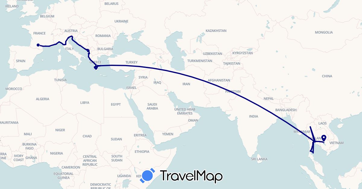 TravelMap itinerary: driving in Albania, France, Greece, Croatia, Italy, Cambodia, Montenegro, Slovenia, Thailand (Asia, Europe)